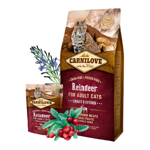 Carnilove Cat ENERGY & OUTDOOR Reindeer bezgraudu sausā kaķu barība kaķiem Briedis, mežacūka 6kg