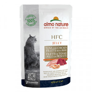 Almo Nature Cat HFC Jelly Tuna, Chicken, Ham konservi kaķiem Tuncis, vista, šķiņķis želejā 55g