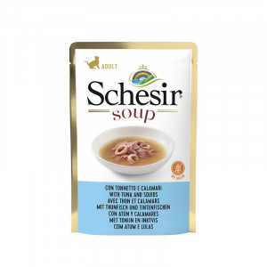 SCHESIR CAT SOUP konservi kaķiem Tuncis ar kalmāriem zupā 85g