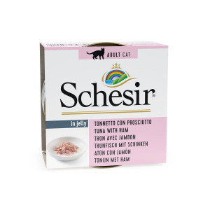 SCHESIR CAT JELLY TUNA HAM konservi kaķiem Tuncis, šķiņķis želejā 85g