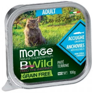 MONGE CAT BWILD ANCHOVIES konservi kaķiem pastēte Anšovi, dārzeņi 100g