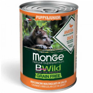 MONGE DOG BWILD CHUNKIES PUPPY konservi kucēniem gabaliņi mērcē Pīle 400g