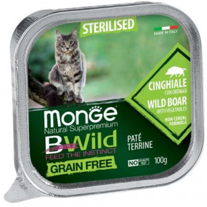 MONGE CAT BWILD STERILISED BOAR konservi kaķiem pastēte Mežacūka, dārzeņi 100g