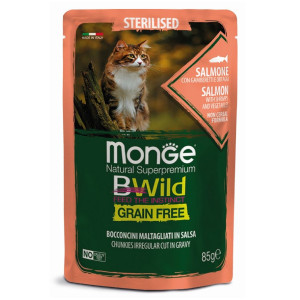 MONGE CAT BWILD STERILISED SALMON konservi kaķiem Lasis, garneles, dārzeņi 85g