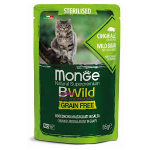 MONGE CAT BWILD STERILISED BOAR konservi kaķiem Mežacūka, dārzeņi 85g