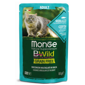 MONGE CAT BWILD CODFISH konservi kaķiem Menca, garneles, dārzeņi 85g