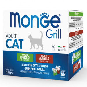 MONGE CAT GRILL MULTIPACK RABBIT LAMB konservi kaķiem Trusis, jērs želejā 12x85g