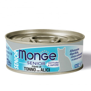 MONGE CAT JELLY FLAKES SENIOR TUNA konservi kaķiem Tuncis, anšovi 80g