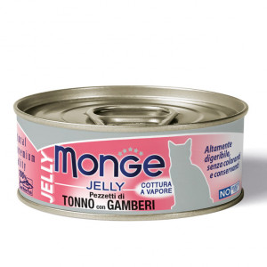 MONGE CAT JELLY FLAKES TUNA SHRIMPS konservi kaķiem Tuncis, garneles 80g