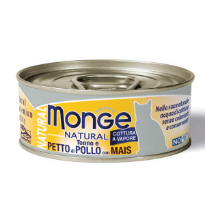 MONGE CAT NATURAL TUNA konservi kaķiem Tuncis, vista, kukurūza 80g