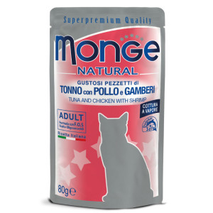 MONGE CAT NATURAL POUCHES TUNA konservi kaķiem Tuncis, vista, garneles 80g