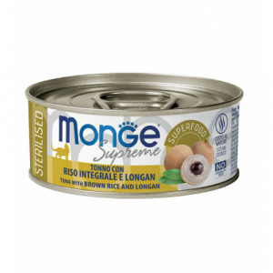 MONGE CAT SUPREME STERILISED konservi kaķiem Tuncis, brūnie rīsi, longans 80g