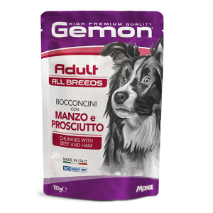 GEMON DOG POUCHES BEEF & HAM suņu konservi gabaliņi Liellops, šķiņķis 100g