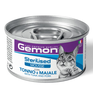 GEMON CAT MOUSSE STERILISED TUNA PORK konservi kaķiem krēms Tuncis, cūkgaļa 85g