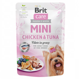 BRIT CARE MINI CHICKEN TUNA FILLETS IN GRAVY konservi suņiem Vista, tuncis mērcē 85g