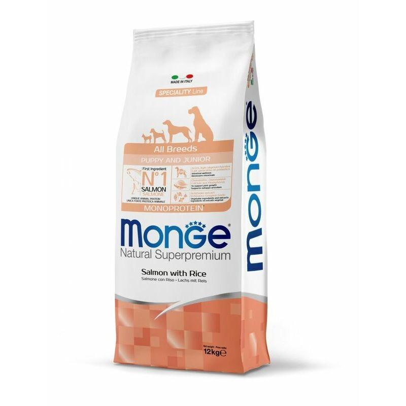 MONGE DOG PUPPY JUNIOR ALL SALMON RICE sausā barība kucēniem Lasis, rīsi 12kg
