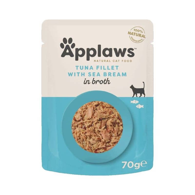 APPLAWS CAT POUCH TUNA SEABREAM konservi kaķiem Tuncis, jūras karūsa buljonā 70g