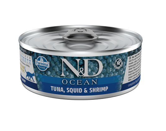 FARMINA N&D CAT OCEAN TUNA SQUID kaķu konservi Tuncis, kalmāri, garneles 70g