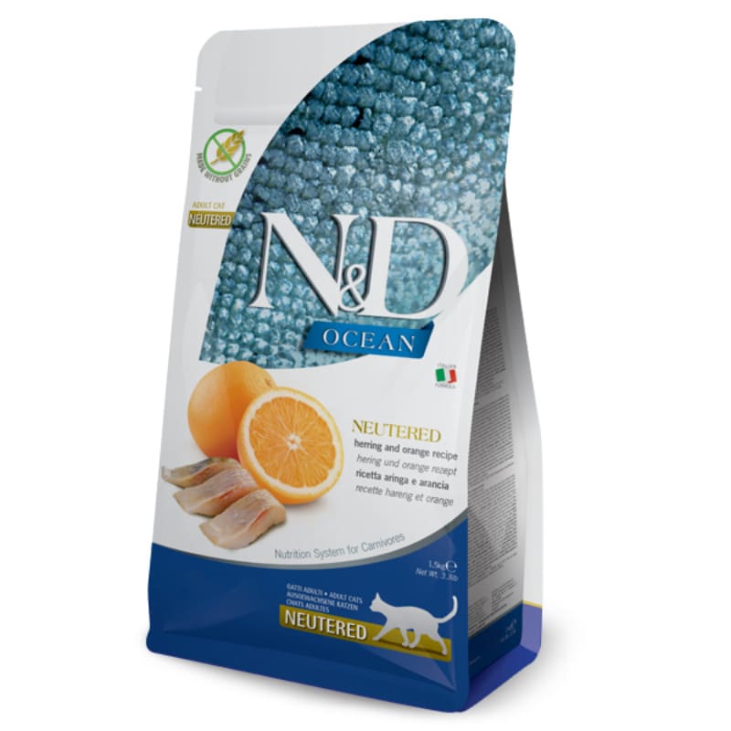 FARMINA N&D CAT GF OCEAN HERRING NEUTERED sausā barība kaķiem Zivis, apelsīni 1.5kg