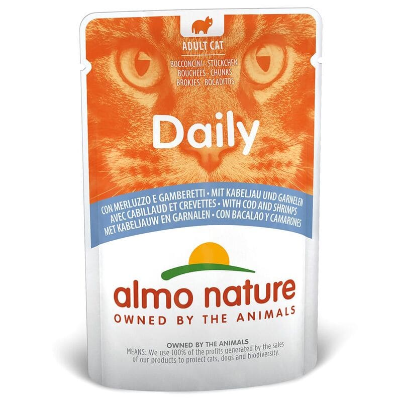 ALMO NATURE CAT DAILY COD & SHRIMPS kaķu konservi Menca, garneles 70g