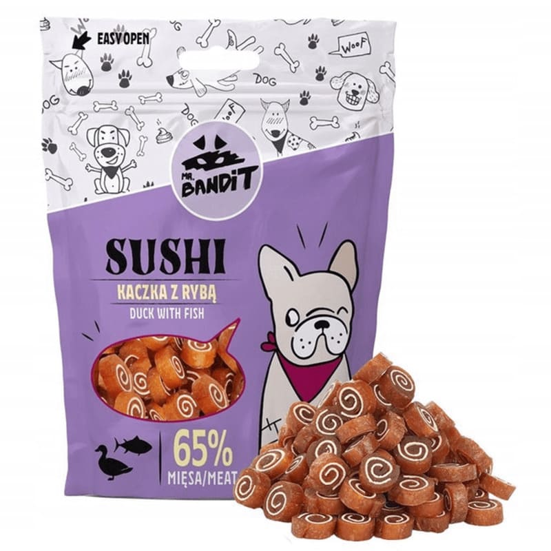 MR.BANDIT SUSHI DUCK gardums suņiem Rullīši ar pīli un zivīm 500g