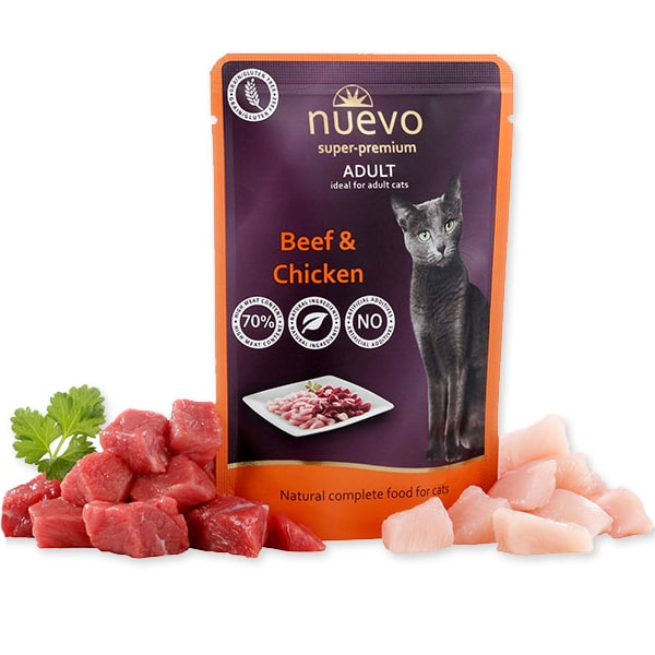 NUEVO CAT BEEF & CHICKEN konservi kaķiem Liellops, vista 85g