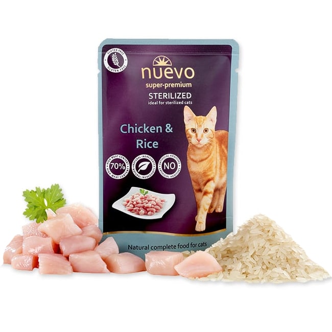 NUEVO CAT STERILISED CHICKEN & RICE konservi kaķiem Vista, rīsi 85g