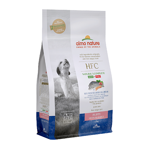 Almo Nature HFC PUPPY Sea Bass sausā kucēnu barība M/L Jūras asaris 1.2kg