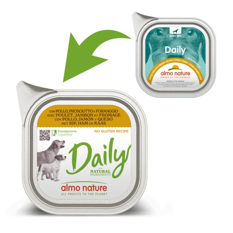 ALMO NATURE DOG DAILY CHICKEN konservi suiņiem Vista, šķiņķis, siers 100g