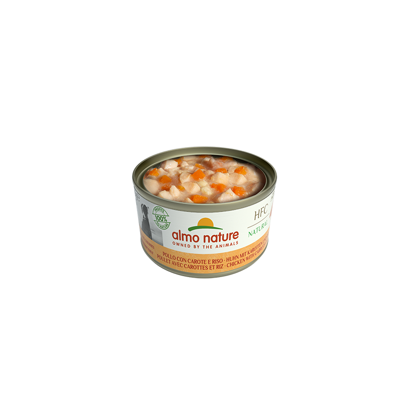 Almo Nature HFC Natural Chicken, Carrots, Rice konservi suņiem Vista, burkāni, rīsi 95g