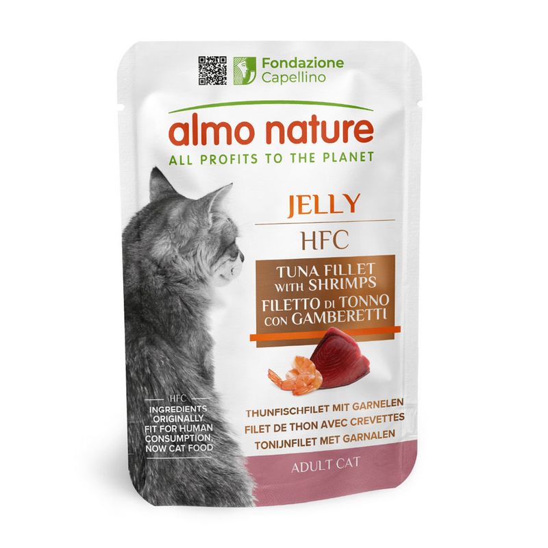 Almo Nature Cat HFC Jelly Tuna & Shrimps konservi kaķiem Tuncis, garneles želejā 55g ( 30.05.26 tikai 12 gab.)