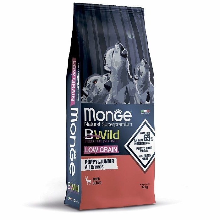 MONGE DOG BWILD PUPPY & JUNIOR DEER sausā barība kucēniem Briedis 12kg