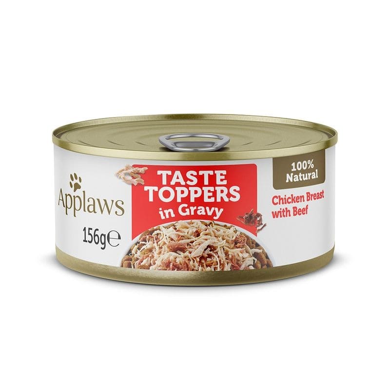 APPLAWS DOG TOPPERS konservi suņiem Vistas krūtiņa, liellops mērcē 156g