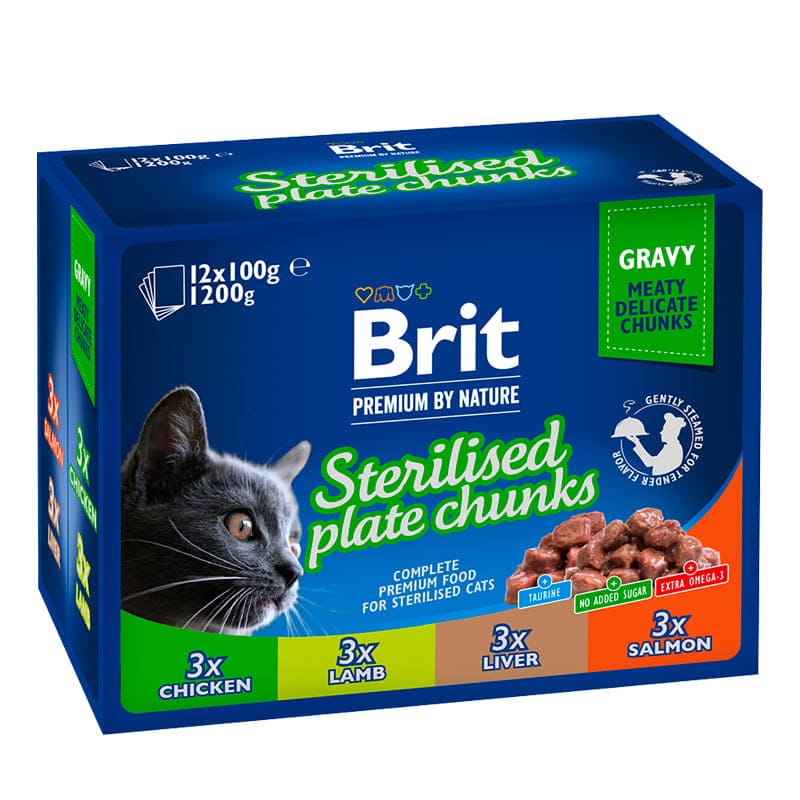 BRIT PREMIUM STERILISED PLATE CHUNKS konservi kaķiem mērcē MIX 12x100g