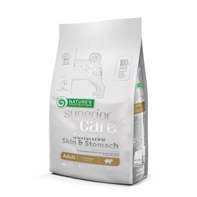 NATURE`S PROTECTION SUPERIOR DOG MINI SENSITIVE SKIN STOMACH sausā barība suņiem Jērs 1.5kg