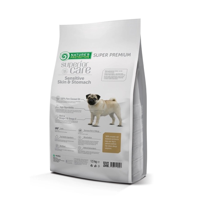 NATURE`S PROTECTION SUPERIOR DOG MINI SENSITIVE SKIN STOMACH sausā barība suņiem Jērs 1.5kg
