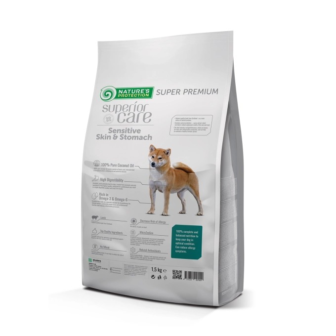 NATURE`S PROTECTION SUPERIOR DOG ALL SENSITIVE SKIN STOMACH sausā barība suņiem Jērs 1.5kg