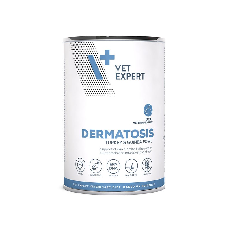 VetExpert VD Dermatosis veterinārie konservi suņiem ādai ar tītaru un pērļvistu 400 g