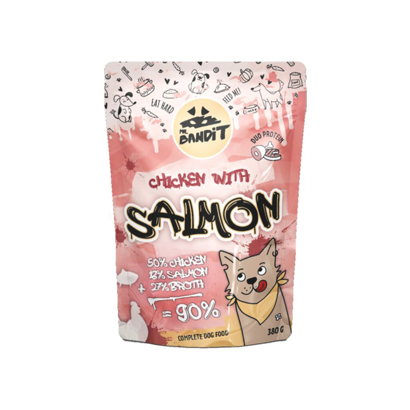 MR.BANDIT CHICKEN SALMON suņu konservi buljonā Vista, lasis 380g (05.07.2026)