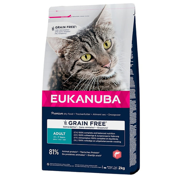 Eukanuba Grain Free bezgraudu kaķu barība ar lasi 2 kg