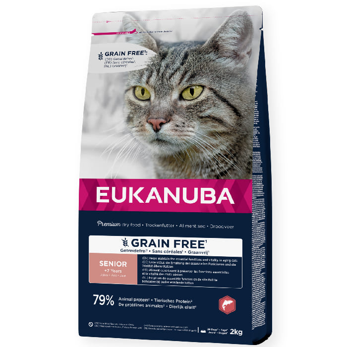 Eukanuba Senior Grain Free bezgraudu kaķu barība senioriem ar lasi 2 kg