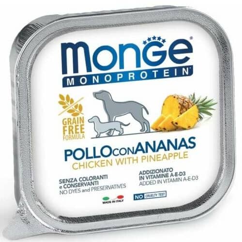 MONGE DOG MONOPROTEIN FRUITS CHICKEN suņu konservi  Vista, ananāsi 150g