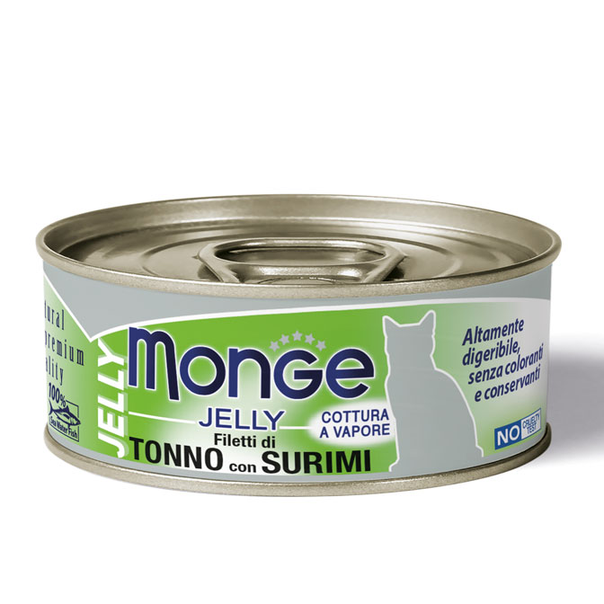 MONGE CAT JELLY FLAKES TUNA SURIMI konservi kaķiem Tuncis, surimi 80g