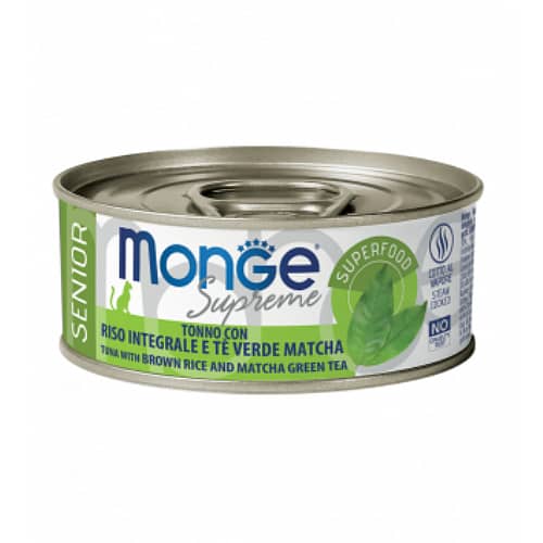 MONGE CAT SUPREME SENIOR konservi kaķiem Tuncis, brūnie rīsi, zaļā tēja 80g