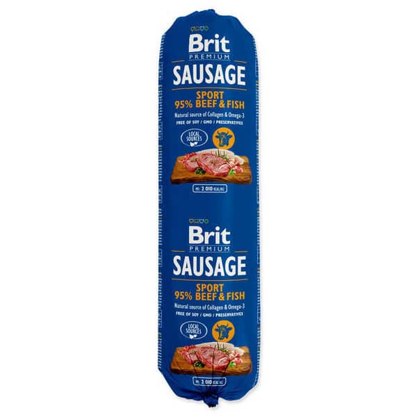BRIT PREMIUM SAUSAGE BEEF FISH SPORT konservi suņiem Liellops, zivis 800g