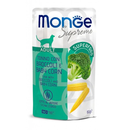 MONGE CAT SUPREME konservi kaķiem Tuncis, brokoli, kukurūza 80g
