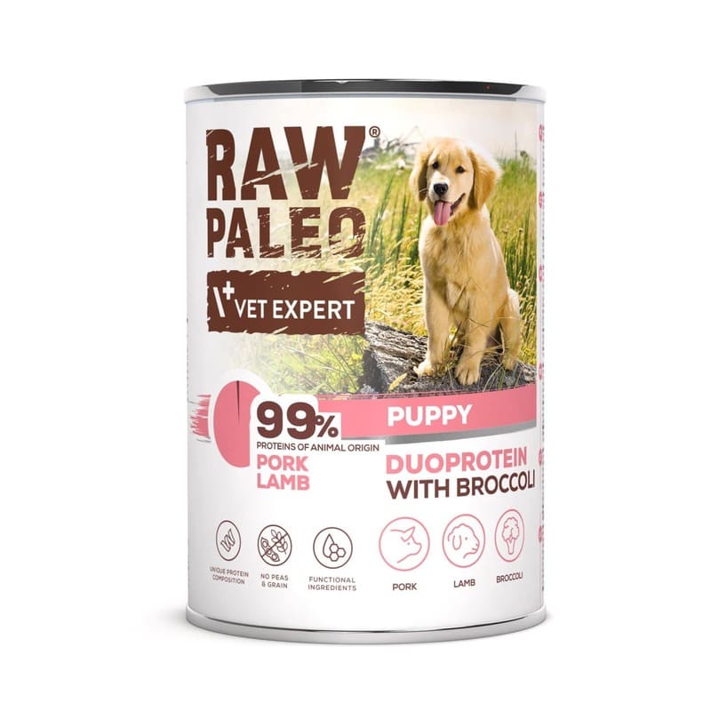 RAW PALEO DOG PUPPY PORK LAMB konservi kucēniem Cūkgaļa, jērs 400g