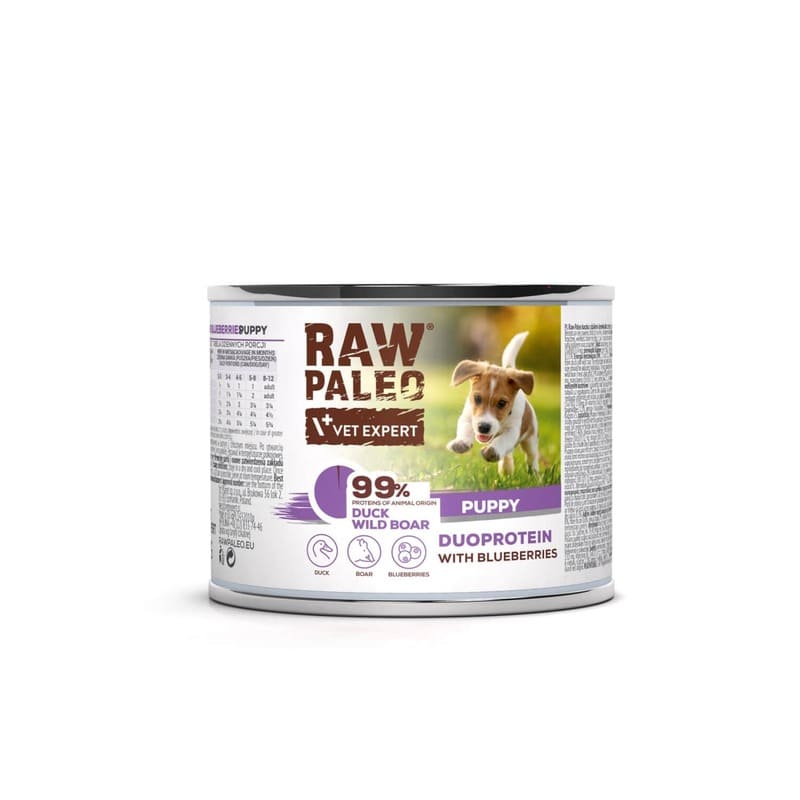 RAW PALEO DOG PUPPY DUCK BOAR konservi kucēniem Pīle, mežacūka 200g