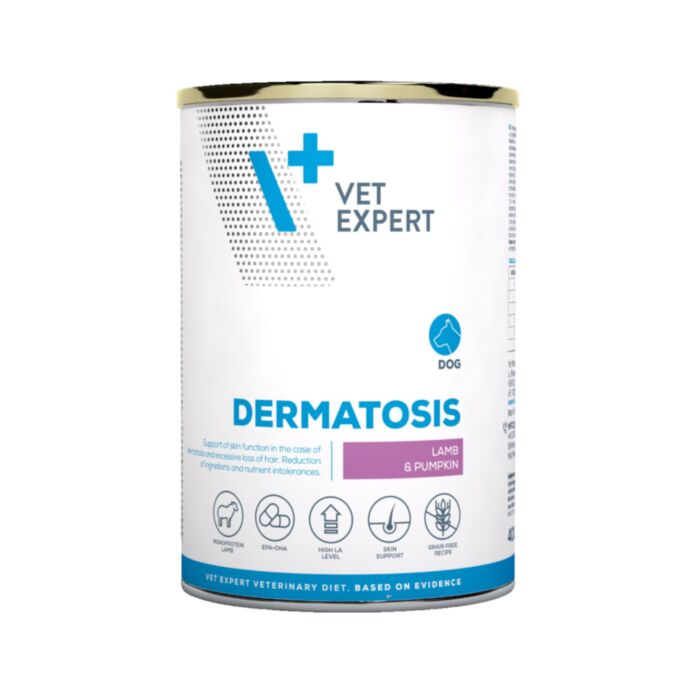 VetExpert VD Dermatosis veterinārie konservi suņiem ādai ar jēru un ķirbi 400 g
