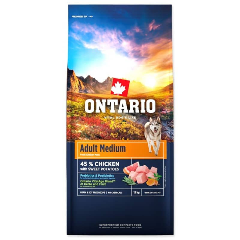 ONTARIO DOG ADULT MEDIUM CHICKEN & SWEET POTATO suņu barība 12kg